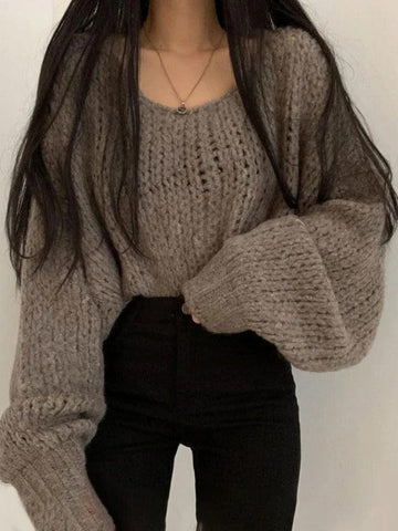 Cutout Lantern Sleeve Baggy Sweater