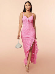 Pink Lace Ruffles Party Dress With Slit