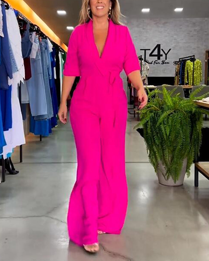 5/4 sleeve fashionable V-neck bright color jumpsuit