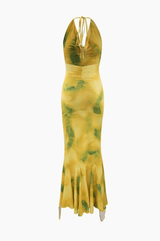 Abstract Print Halter Neck Ruffle Maxi Dress