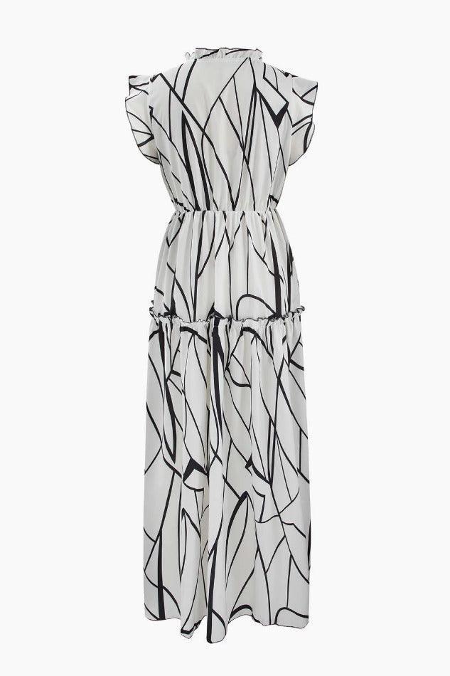 Abstract Stripe Frill Trim Maxi Dress