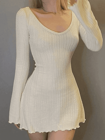 Backless Knitted Long Sleeve Mini Dress