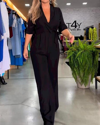 5/4 sleeve fashionable V-neck bright color jumpsuit