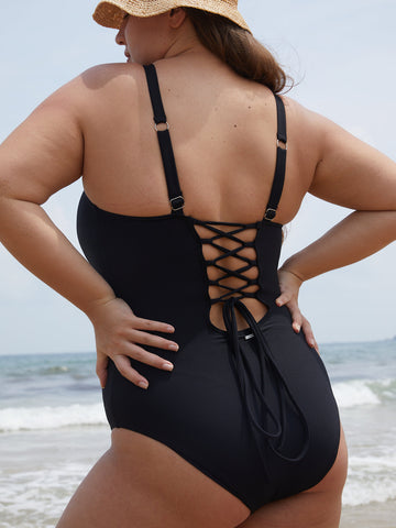 Black Cross Back Plus Size One-Piece Swimsuit