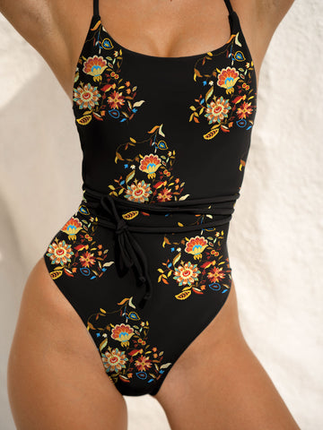 Black Floral Cross Back One-Piece Swimsuit