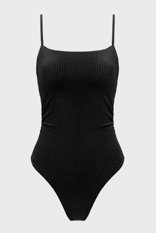 Black Textured Backless One-Piece Swimsuit