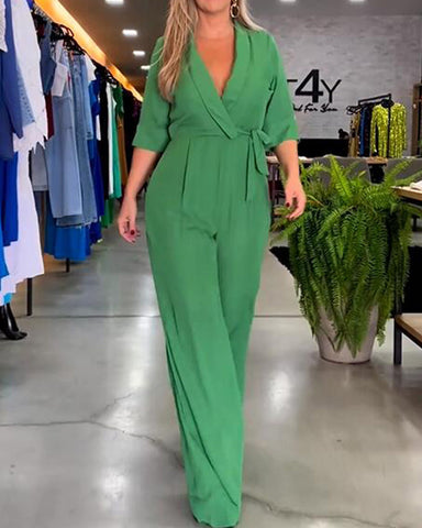 5/4 sleeve fashionable V-neck bright color jumpsuit