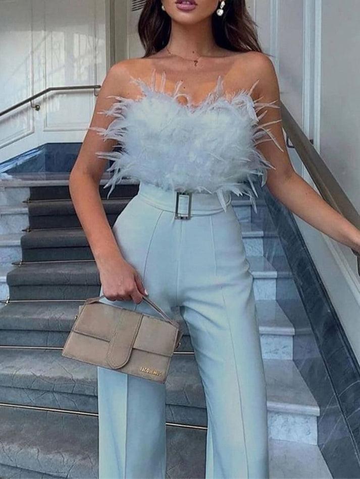 Strapless Plain Feather Accent Wide Leg Jumpsuit