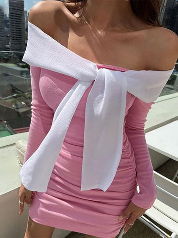 Long-Sleeve Off-Shoulder Two Tone Bow Accent Ruched Mini Bodycon Dress