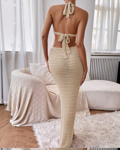 Apricot Knitted  Hollow Sling Dress