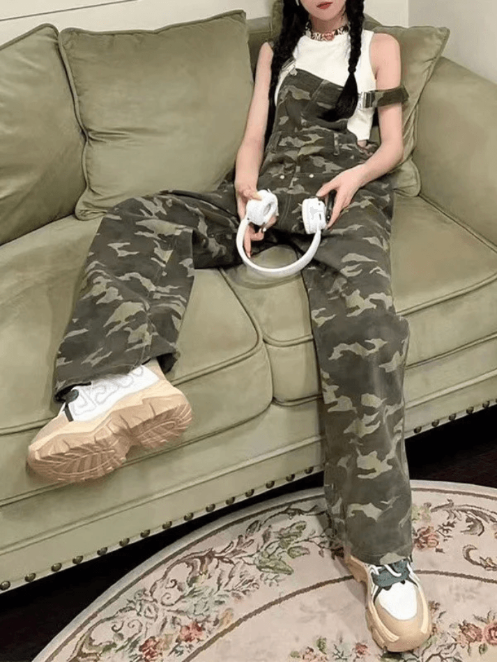 Camo Print Baggy Denim Overalls