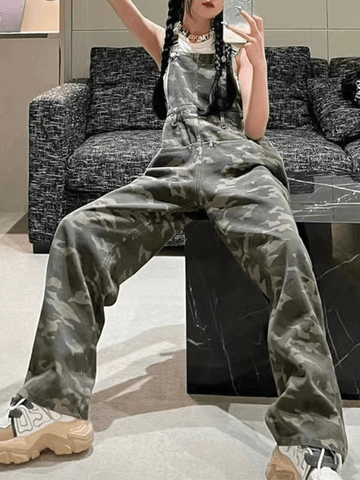 Camo Print Baggy Denim Overalls