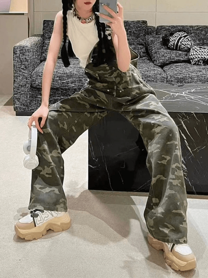 Camo Print Baggy Denim Overalls