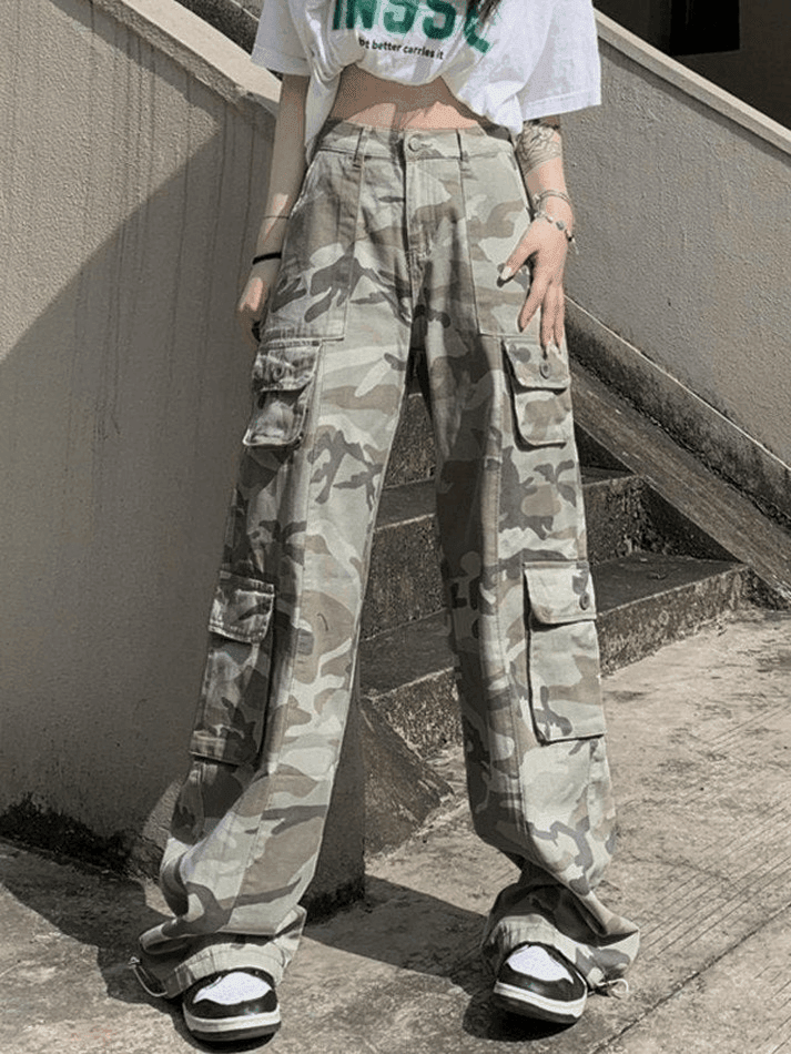 Camo Print Baggy Parachute Cargo Pants