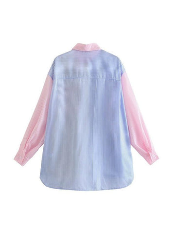 Colorful Pinstripe Splice Baggy Long Sleeve Blouse