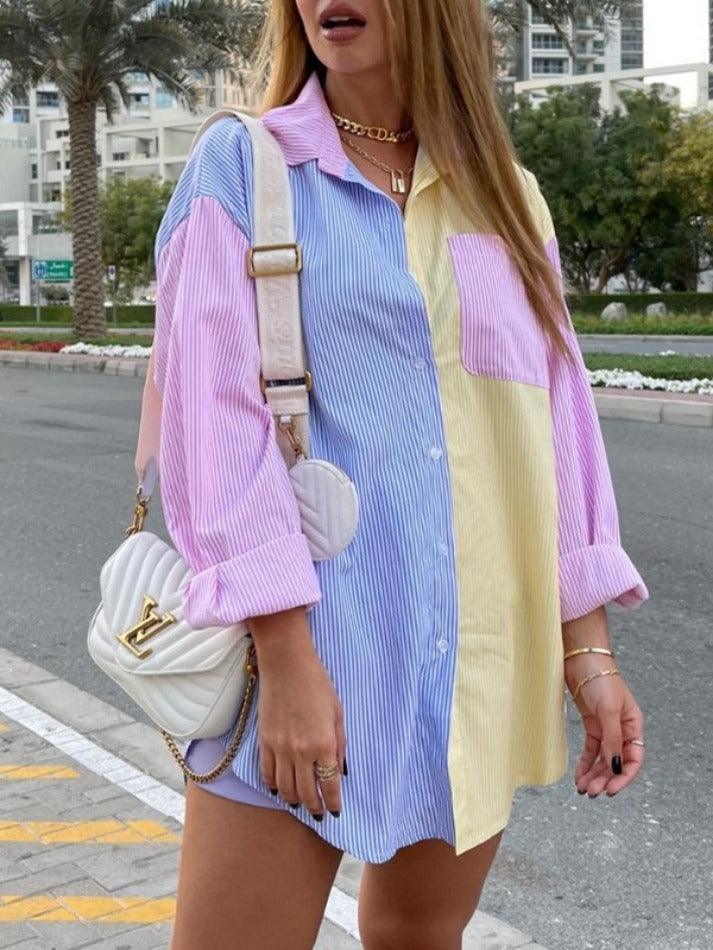 Colorful Pinstripe Splice Baggy Long Sleeve Blouse