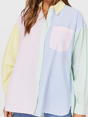 Colorful Pinstripe Splice Baggy Long Sleeve Blouse