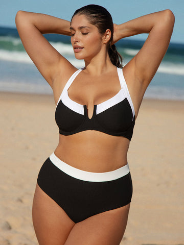 Black Contrast Trim Plus Size Bikini Top