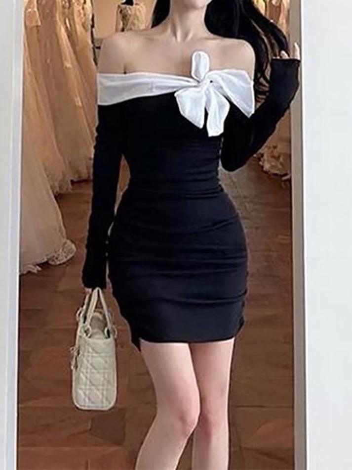 Long-Sleeve Off-Shoulder Two Tone Bow Accent Ruched Mini Bodycon Dress