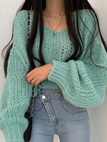 Cutout Lantern Sleeve Baggy Sweater