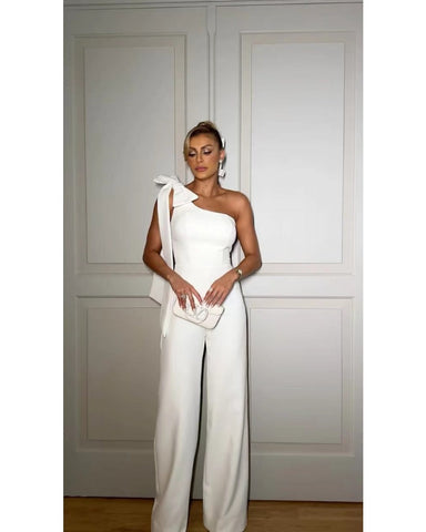 diagonal shoulder big bow jumpsuit