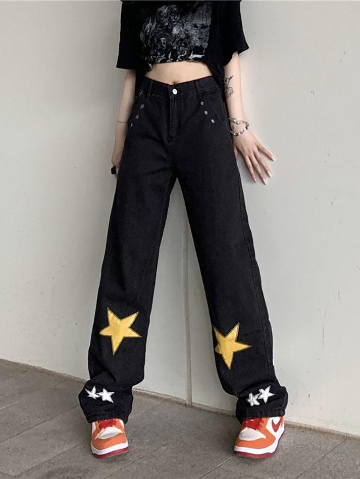 Washed Star Patched Boyfriend Jeans