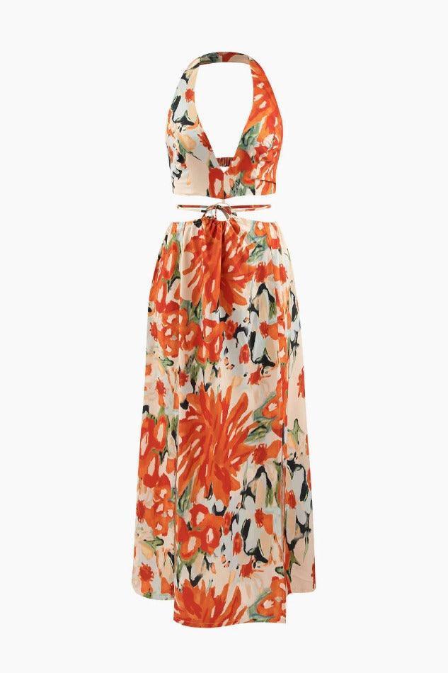 Floral Print Halter Cut Out Slit Midi Dress