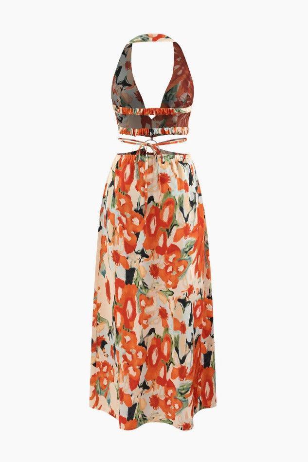 Floral Print Halter Cut Out Slit Midi Dress