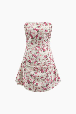 Floral Print Pleated Strapless Mini Dress