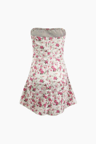 Floral Print Pleated Strapless Mini Dress