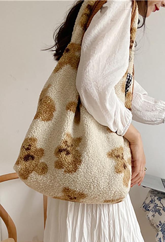 Fuzzy Teddy Bear Reversible Shoulder Bag