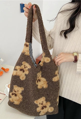 Fuzzy Teddy Bear Reversible Shoulder Bag