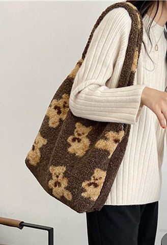 Fuzzy Teddy Bear Reversible Shoulder Bag