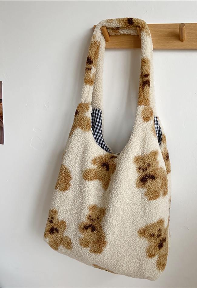 Fuzzy Teddy Bear Reversible Shoulder Bag