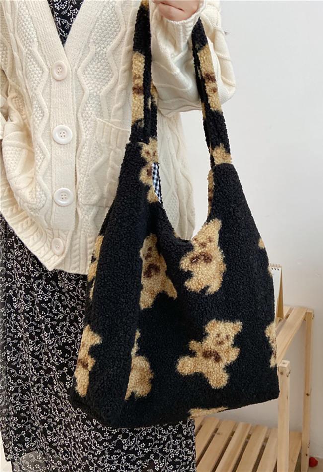 Fuzzy Teddy Bear Reversible Shoulder Bag