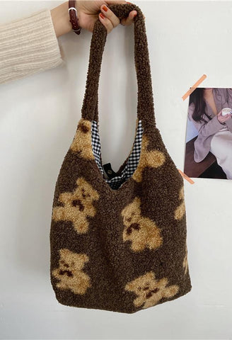 Fuzzy Teddy Bear Reversible Shoulder Bag