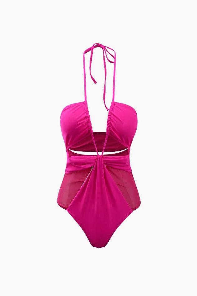 Halter Neck Cut Out Mesh Panel Swimsuit