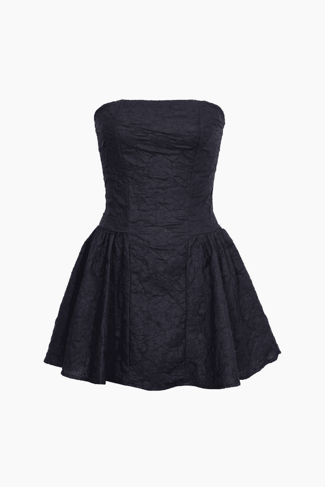 Jacquard Fitted Ruffle Hem Strapless Mini Dress