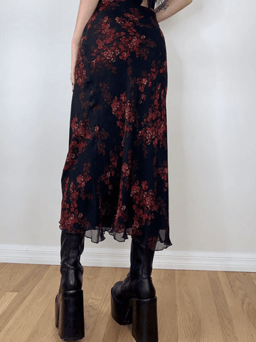 Mesh Paneled Floral Midi Skirt