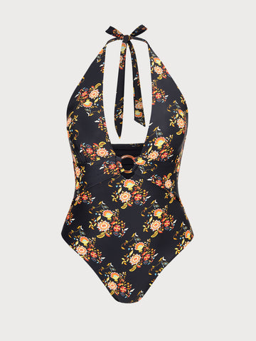 Black O-Ring Floral Halter Plus Size One-Piece Swimsuit