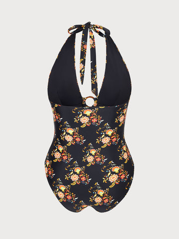 Black O-Ring Floral Halter Plus Size One-Piece Swimsuit