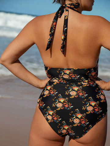 Black O-Ring Floral Halter Plus Size One-Piece Swimsuit