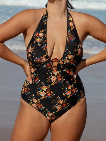 Black O-Ring Floral Halter Plus Size One-Piece Swimsuit