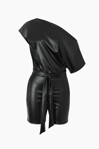 One Shoulder Faux Leather Romper