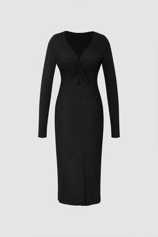 Ribbed Twist Detail Long Sleeve Midi Dress