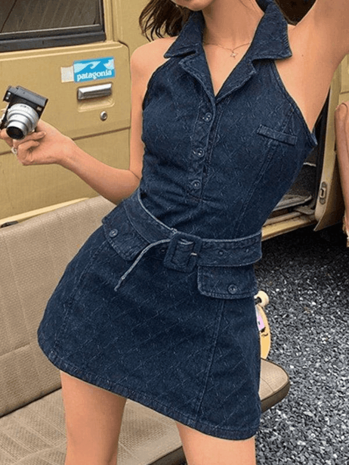 Sleeveless Polo Collar Denim Mini Dress