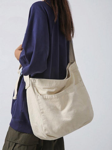 Solid Color Canvas Large Capacity Crossbody Bag