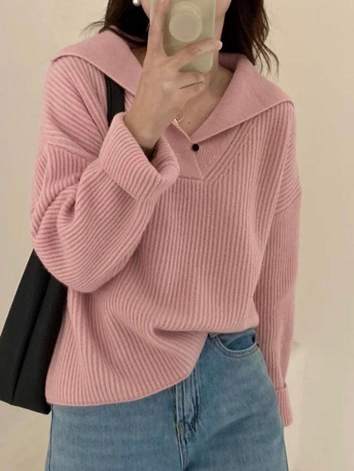 Solid Color Lapel Neck Baggy Sweater