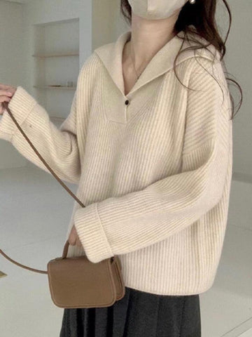 Solid Color Lapel Neck Baggy Sweater