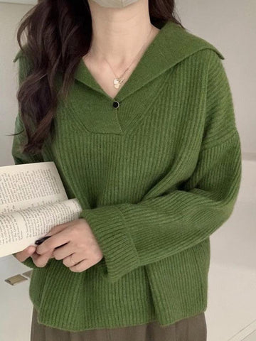 Solid Color Lapel Neck Baggy Sweater